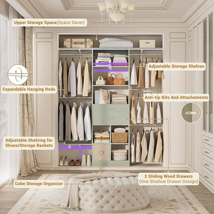 Small Closet System - 5FT Closet Organizer System with Wooden Drawers, 60 Inches Walk In Closet System With 5 Hanging Rods, Can Fit 1.58 to 6.8 FT with Reversible Hanging Shelving, Crab Green