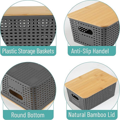BAMBOO LAND- Plastic Storage Baskets with Bamboo Lid, 6 pcs, Grey Pantry Storage Baskets with Lids