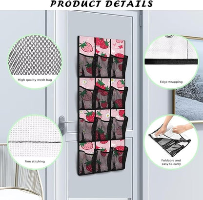 Strawberry Over The Door Shoe Organizer, Hanging Shoe Rack for Closet with 12 Large Mesh Pockets Breathable Non Slip Holder Large Door Hanging Storage Bag for Small Spaces