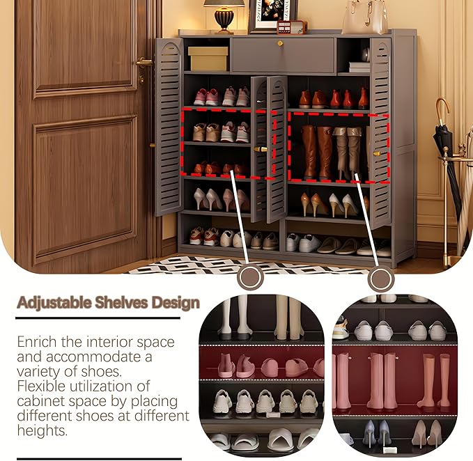 7-Tier Shoe Storage Cabinet with Shutter Doors, Large Capacity Shoe Cabinet With Drawers Sneakers Shoe Rack Shelf for Entryway, Freestanding Shoe Organizer with Thickened Adjustable Shelves for Closet