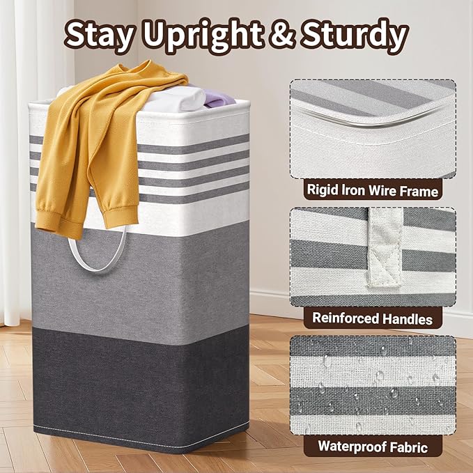 WOWBOX 2 Pack Laundry Baskets, Laundry Hampers, Freestanding Dirty Clothes Hampers with Reinforced Handles & Cross Stitch & Waterproof Coating, for Laundry Bedroom Bathroom Dorm,88L Grey