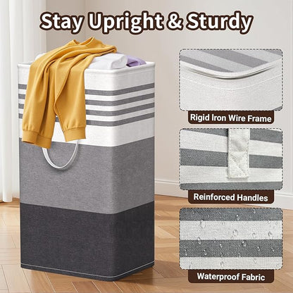 WOWBOX 2 Pack Laundry Baskets, Laundry Hampers, Freestanding Dirty Clothes Hampers with Reinforced Handles & Cross Stitch & Waterproof Coating, for Laundry Bedroom Bathroom Dorm,88L Grey