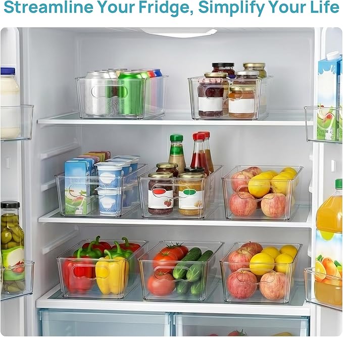 Vtopmart 4pcs Clear Organizers and Storage Bins, Plastic Storage Containers with Handles for Fridge, Freezer, Pantry, Cabinet, Kitchen Organization