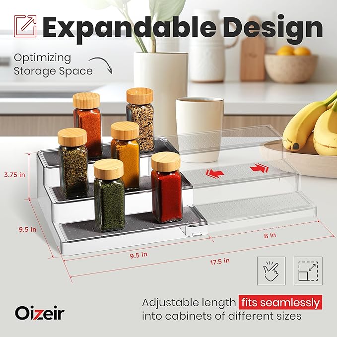 Oizeir Expandable Spice Rack Organizer for Cabinet (2 Pack), 3-Tier Clear Tiered Shelf, Non-Slip Adjustable Spice Cabinet Organizer for Kitchen Pantry, Medicine, Seasoning & Bottle Storage