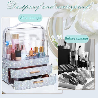 Honeydak Bling Makeup Organizer for Mothers Day Nurses Day Birthday Gifts Rhinestone Cosmetic Display Cases with Transparent Cover, Skincare Perfume Organizer for Countertop, Desk(Silver,Rhinestone)