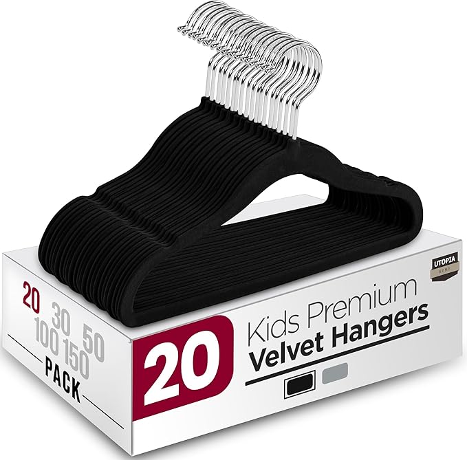Utopia Home Kids Velvet Hangers 20 Pack – 11 Inch Non-Slip Baby Hangers for Baby and Toddlers, Durable Ultra-Slim Space-Saving Closet Organizers (Black)