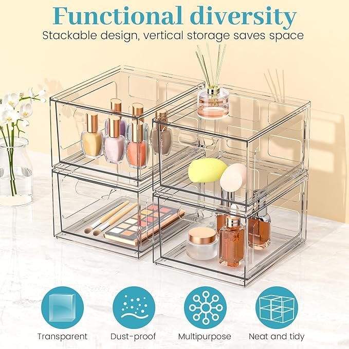 SpaceHacks 2 Pack Stackable Plastic Makeup Organizer Drawers, Acrylic Organizers, Clear Storage Bins with Pull-Out Handles for Vanity, Kitchen Cabinets, Pantry