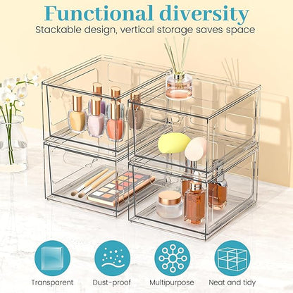 SpaceHacks 2 Pack Stackable Plastic Makeup Organizer Drawers, Acrylic Organizers, Clear Storage Bins with Pull-Out Handles for Vanity, Kitchen Cabinets, Pantry