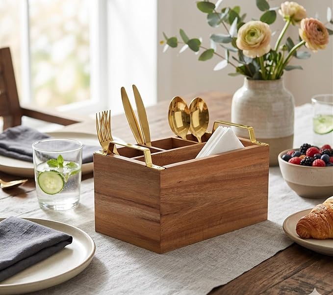 Acacia Wood Flatware Caddy - 4 Compartment Silverware Utensil Holder with Golden Metal Handles - 10" W x 6" D x 6.5" H, 2 lbs