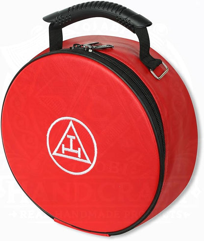 Masonic Royal Arch Chapter Crown Cap Case – Foldable 9”x9” Red Faux Leather Hat Box with Embroidered Triple Tau Emblem & Adjustable Shoulder Strap – Lightweight & Travel-Friendly