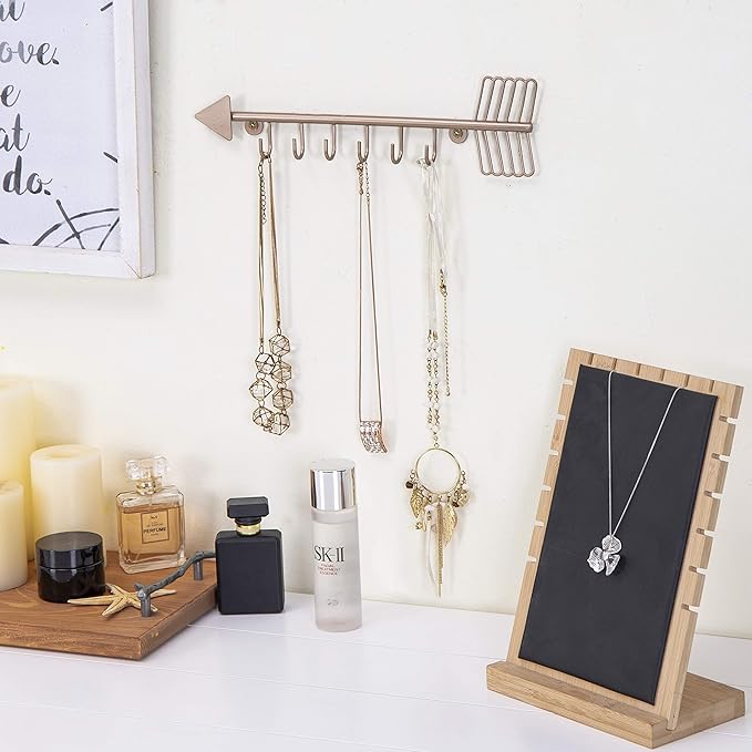 MyGift 12 Inch Wall Mounted Rose Gold Tone Metal Arrow Shaped Jewelry Organizer, Hanging Storage Display Rack with 6 Hooks for Necklaces Bracelets Keys
