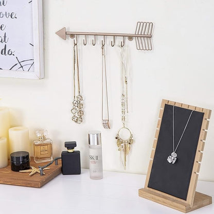 MyGift 12 Inch Wall Mounted Rose Gold Tone Metal Arrow Shaped Jewelry Organizer, Hanging Storage Display Rack with 6 Hooks for Necklaces Bracelets Keys