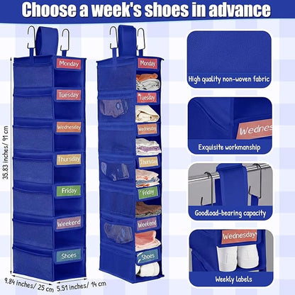 2 Pack 7 Shelf Weekly Clothes Organizer Hanging Closet for Kids with Side Pockets Weekday Shoes Rack Weekly Clothes Organizers Monday Through Weekend Foldable Storage Shelves (Dark Blue)
