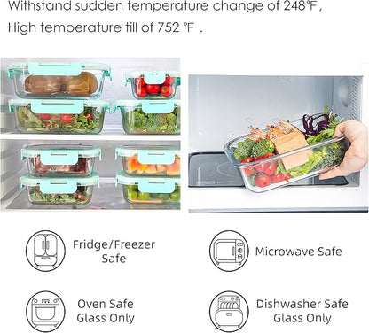 10 Pack Glass Storage Containers For Food, Airtight Meal Prep Containers with Lids Leak-proof, Glass Lunch Boxes Microwave, Freezer & Dishwasher Safe (34oz & 12oz)