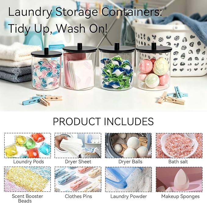 Amolliar 78oz Laundry Pods Storage Container, Clear Laundry Room Organization, Detergent Container with Bamboo Lids & 27 Labels for Bathroom Organizer (Black, 1 Pack)