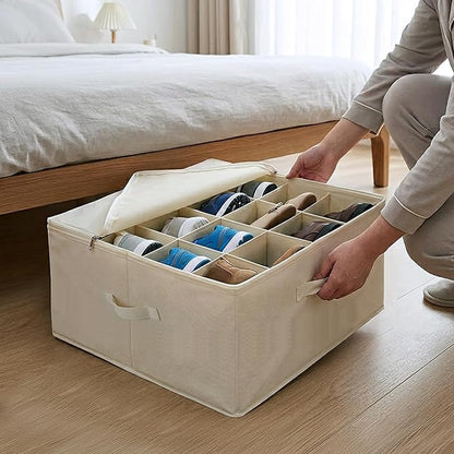 Under Bed Shoe Storage Organizer 16 Compartment, Foldable Shoe Organizer Under Bed with Clear PVC Lid, Shoe Storage Box with Zipper & Handle for Closet Bedroom, Off White, Pack of 2