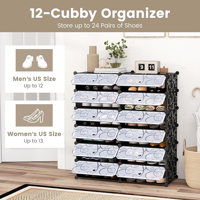 COSTWAY Shoe Rack Organizer, 6 Tier Shoe Shelves with Covers, DIY Design, 24-Pair Stackable Cube Organizer Boxes, Freestanding Shoe Cabinet for Entryway Bedroom Closet Hallway (Black)