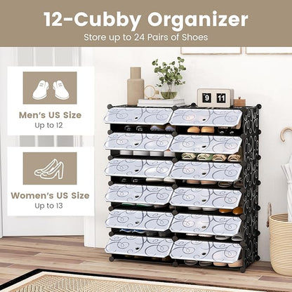 COSTWAY Shoe Rack Organizer, 6 Tier Shoe Shelves with Covers, DIY Design, 24-Pair Stackable Cube Organizer Boxes, Freestanding Shoe Cabinet for Entryway Bedroom Closet Hallway (Black)