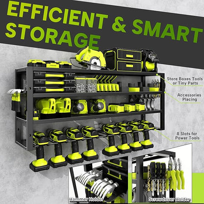 Large Power Tool Organizer Wall Mount,4 Layers 8 Drill Holder Heavy Duty Metal Cordless Tool Storage Loads 420lbs with Screwdriver Holder,Utility Racks for Garage, Workshop, Pegboard, Shed - 32 Inch