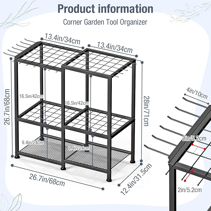Garden Tool Organizer, Metal Yard Tool Organizer,Holds 70 Long-Handled Tools/Rakes/Brooms,Side Garden Pocket,Heavy Duty Steel Yard Tool Storage Rack for Garage,Shed, Outdoor(Black-Large)
