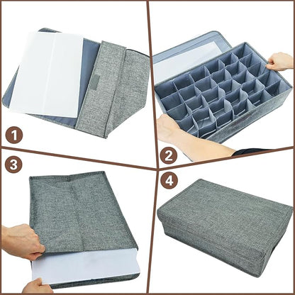 PINGMIC Gray Sock Organizer Divider 2 Pack with Lid - 30 Cell Foldable Closet Storage, Tie Organizer For Men Boxes for Socks, Ties, Belts