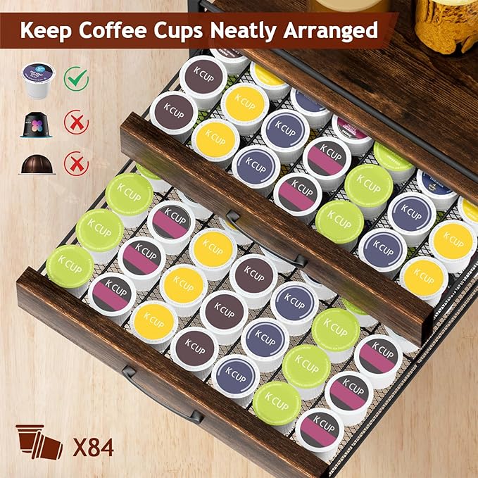 Homsorout Coffee Syrup Rack Organizer - 4-Tier 8 Syrup Wine Bottles Stand with 82 Storage Drawer for K Cups, Coffee Pod Holder for Countertop, Bar Station, Kitchen, Rustic Brown