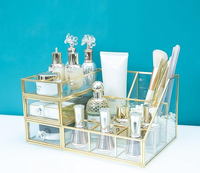 JIARI Glass Makeup Organizer with Drawer, Gold Brass Frame Jewelry Display Box, Nordic Style Cosmetic Storage for Vanity Bathroom Bedroom Office, 10.23x6.29x5.11 Inches (Storage Box-A32)
