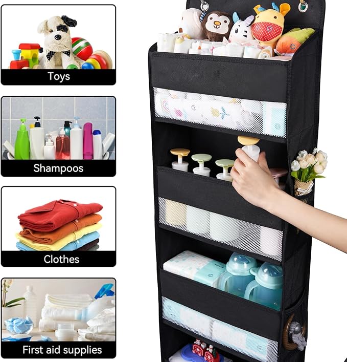 WishJazz Premium Over The Door Organizer 6 Large Pockets, 150D Extra Thick,50 lbs Hanging Organizer Storage, Behind Door Closet Organizer and Storage for Nursery, Bedroom, Bathroom, Black