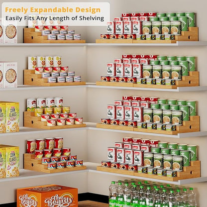 4-Tier Extra-Long Expandable Can Rack, Adjustable Bamboo Organizer for Pantry, Can Storage Holder for Pantry Shelf & Countertop, Large Capacity Holds 60 Cans (3.75oz), Patent Pending