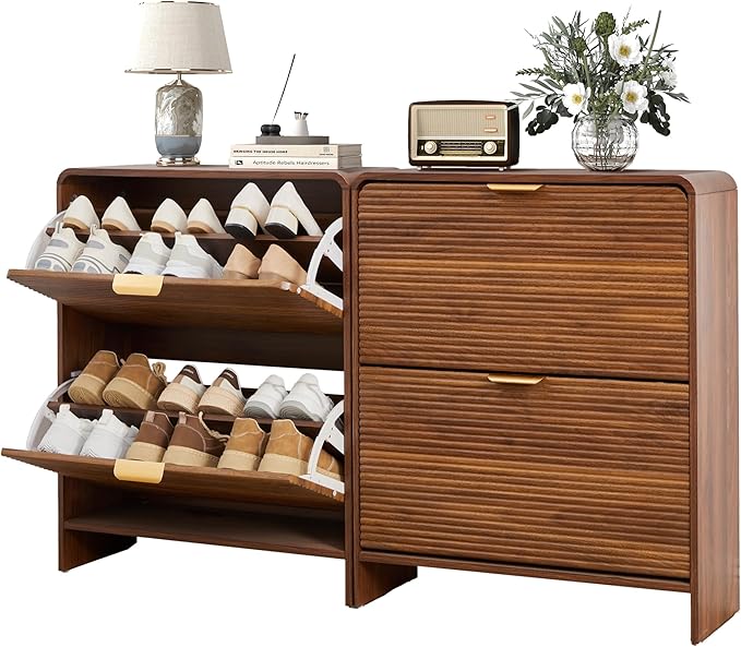 RARZOE Set of 2 Fluted Shoe Storage Cabinets for Entryway, Narrow Curved Shoe Cabinet with 2 Flip Drawers, Wood Hidden Shoe Organizer Closed Shoe Rack Cabinet for Foyer,Hallway (29.5''Walnut)