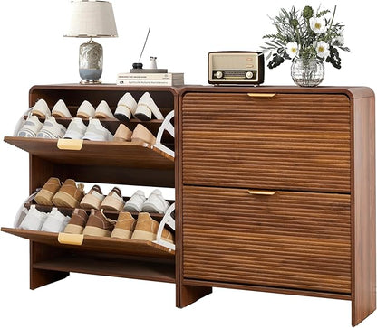 RARZOE Set of 2 Fluted Shoe Storage Cabinets for Entryway, Narrow Curved Shoe Cabinet with 2 Flip Drawers, Wood Hidden Shoe Organizer Closed Shoe Rack Cabinet for Foyer,Hallway (29.5''Walnut)