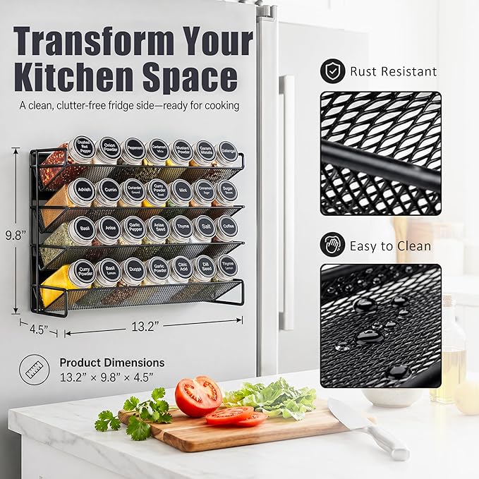 UVIAHOMI Magnetic Spice Rack Organizer for Refrigerator with 28 Spice Jars, 386 Spice Labels, 4 Hook, Chalk Marker and Funnel Set, Magnetic Shelf for Seasoning Organizer, 13.2'' W x 9.8 H, Black