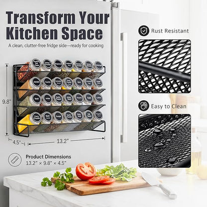 UVIAHOMI Magnetic Spice Rack Organizer for Refrigerator with 28 Spice Jars, 386 Spice Labels, 4 Hook, Chalk Marker and Funnel Set, Magnetic Shelf for Seasoning Organizer, 13.2'' W x 9.8 H, Black