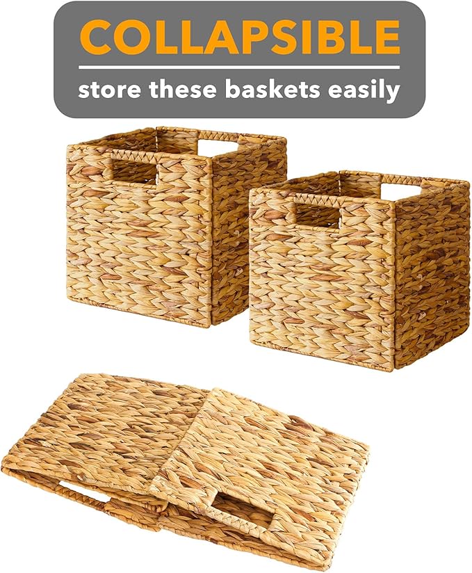 SpaceAid 6 Pack Wicker Basket, Storage Baskets for Organizing, Woven Rattan Basket with Handles for Shelves, Water Hyacinth Large Cube Organizer Storage Bin, 12x12x12 inch, Natural