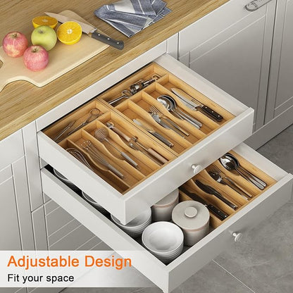 Youpehom Bamboo Utensil Organizer for Kitchen Drawers, Utensil Tray and Cutlery Silverware Holder,Wood Drawer Dividers with 5 Slots，2 pack
