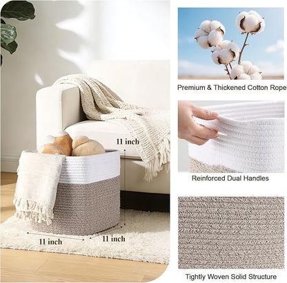 Cube Storage Bins 11 Inch Shelf Cotton Rope Baskets for Organizing, Woven Storage Basket - For Magazines, Living Room, Closet, White+brown 4 Pack