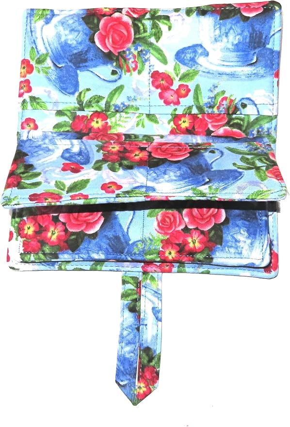 Tea Bag Wallet with Twelve Pockets XL Holder in Your Fabric Choice: Vintage Blue Tea Cups & Roses, Blue Birds & Teapots, Includes 4 Tea Bags, Tea Lover Gift, Quilted Handmade