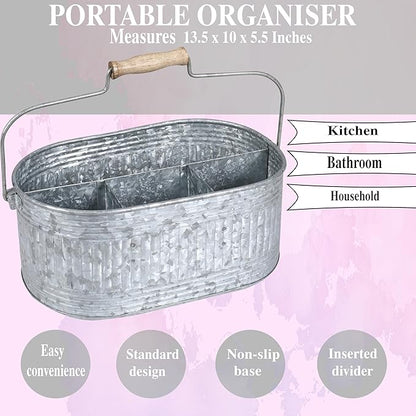 CLEENTABLE Farmhouse Galvanized Metal Utensil Caddy – 4-Compartment Silverware Organizer with Removable Handle for Countertop, Picnic & Party Use (10"x6.5"x5.5", Grey)