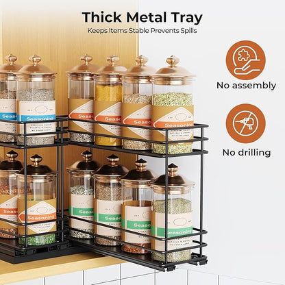 Mystozer Pull Out Spice Rack Organizer for Cabinet, Slide Out Spice Racks, Easy to Install, 7.08" Wx10.43 Dx8.26 H, 2 Drawers 2 Tiers(Black)