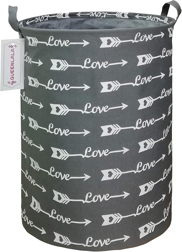 QUEENLALA Large Storage Basket,Laundry Hamper/Bathroom/Home Decor/Collapsible Round Storage Bin,Boys and Girls Hamper/Boxes/Clothing(Love Grey Arrow)