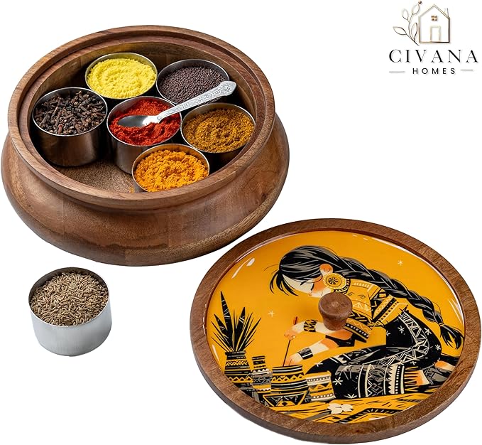 Wooden Spice box for kitchen with spoon, Mango wood box with 7 Steel containers | Masala box for kitchen | Masala Dani | Best Gift (Yellow Masala Box)