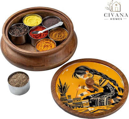 Wooden Spice box for kitchen with spoon, Mango wood box with 7 Steel containers | Masala box for kitchen | Masala Dani | Best Gift (Yellow Masala Box)