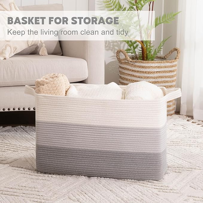 OIAHOMY Extra Large Blanket Basket, 110L Cotton Rope Woven Laundry Basket, Toy Bin for Baby Room, Container for Blanket Storage in Living Room, 24.8''×17.3''×15.8'', Gradient Grey