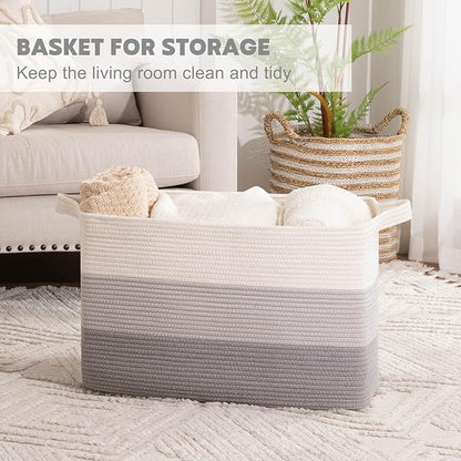 OIAHOMY Extra Large Blanket Basket, 110L Cotton Rope Woven Laundry Basket, Toy Bin for Baby Room, Container for Blanket Storage in Living Room, 24.8''×17.3''×15.8'', Gradient Grey