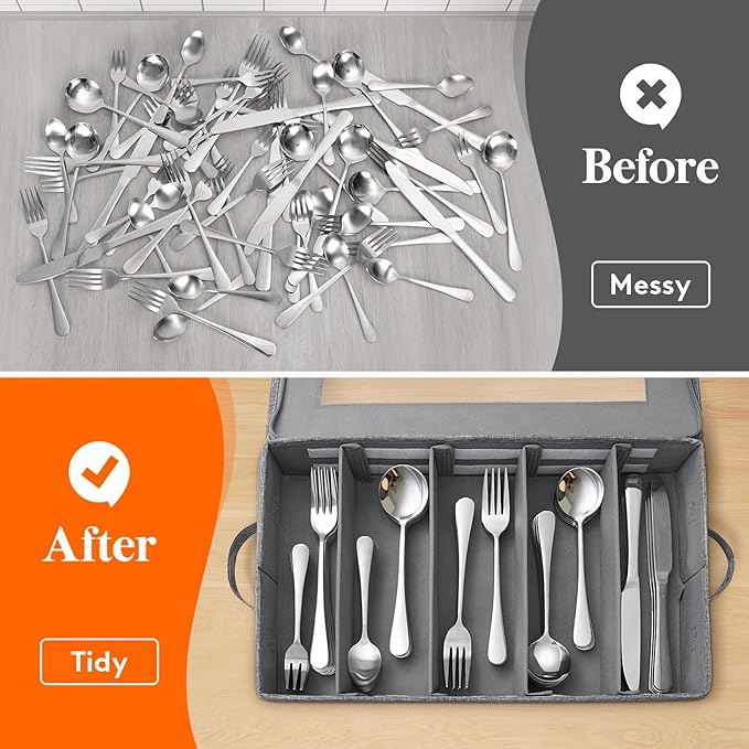 Lifewit Silverware Storage Box, Covered Flatware Organizer with Zipper Lid, 5 Compartment Cutlery Case with Adjustable Divider and Handle, Utensil Container for Spoon Fork Knives, 2 Pack, 27 -43cm