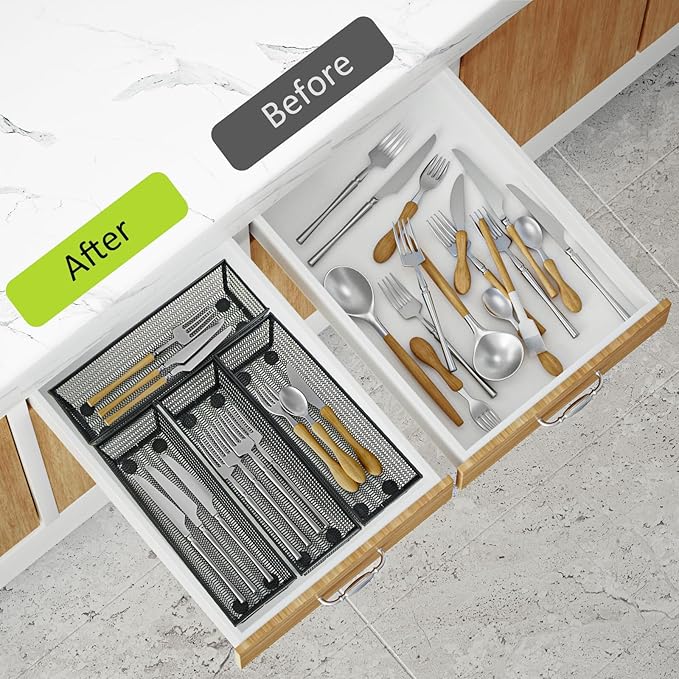 Neudeco Silverware Organizer,Mesh Drawer Organizer for Kitchen，Metal Utensil Organizer for Flatware, Knives, Spoons,Cosmetic (Black 9 * 3 * 2 inch Pack12)