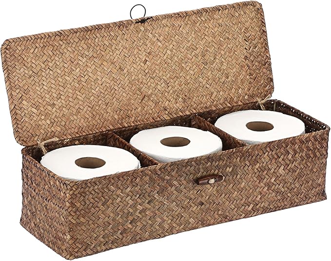 Hipiwe Handwoven Seagrass Storage Basket with Lid Rectangular Toilet Paper Holder 3 Sections Home Organizer Bin for Bathroom Shelf Kitchen