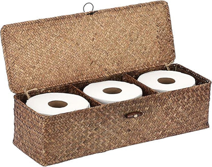 Hipiwe Handwoven Seagrass Storage Basket with Lid Rectangular Toilet Paper Holder 3 Sections Home Organizer Bin for Bathroom Shelf Kitchen