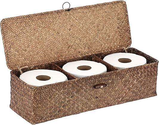 Hipiwe Handwoven Seagrass Storage Basket with Lid Rectangular Toilet Paper Holder 3 Sections Home Organizer Bin for Bathroom Shelf Kitchen