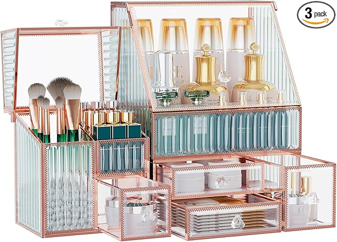 Youdepot Glass Makeup Organizer - Multi-Functional 3-in-1 Cosmetic Organizer for Skincare, Lipstick, Brushes - Vanity Organizer & Bathroom Organizer
